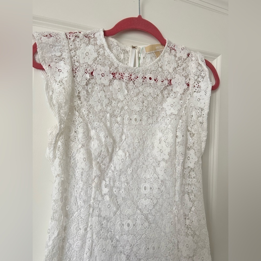 MICHAEL KORS White Floral Embroidered Ruffle Sleeve A-line Dress - Picture 3 of 8